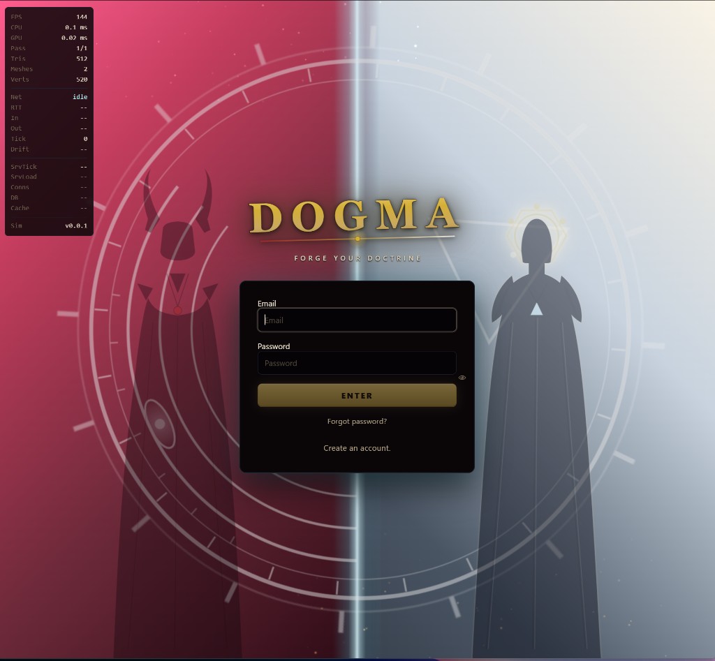 Dogma login screen: a demon silhouette on the left in front of a saturated pink Hell wash, an angel silhouette on the right in front of a pale ivory Heaven wash, a vertical cyan beam dividing them, with the gold DOGMA wordmark and login card centered.